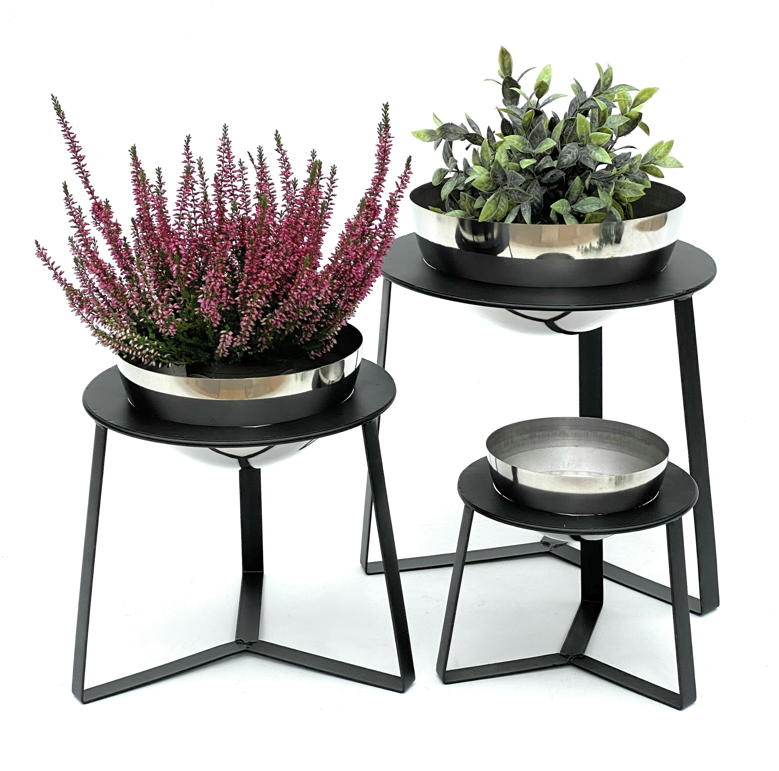 96091 Schwarz Modern DanDiBo Silber Blumensäule - Topf Blumenständer mit DanDiBo-Ambiente 3er Pflanzenhocker Pflanzenständer Set Blumenhocker Metall