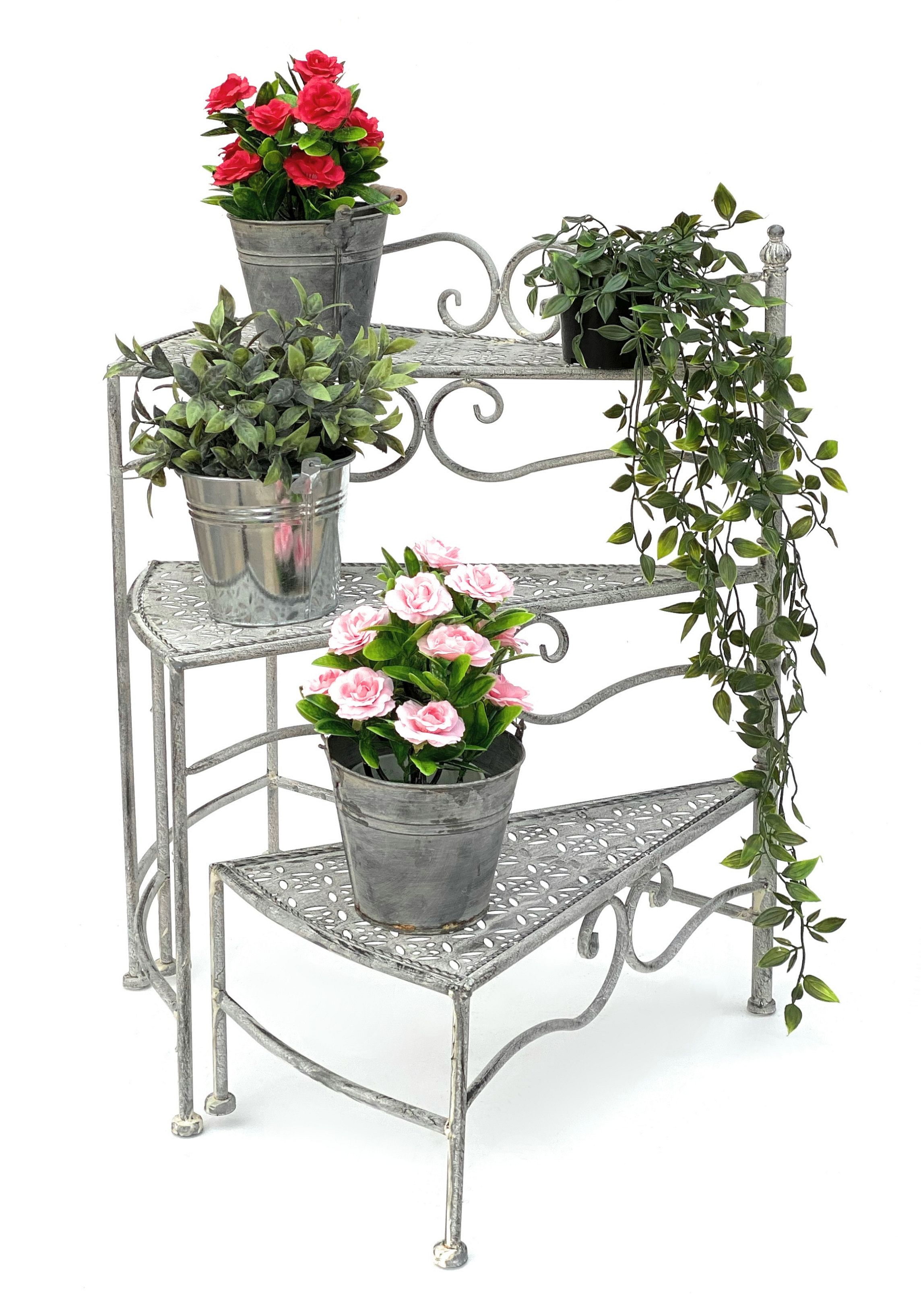 DanDiBo Blumentreppe Innen Metall Weiß Grau 55 cm Blumenständer mit 3  Ablagen 96125 Blumenständer Blumensäule Pflanzenständer Balkon  Vintage-DanDiBo