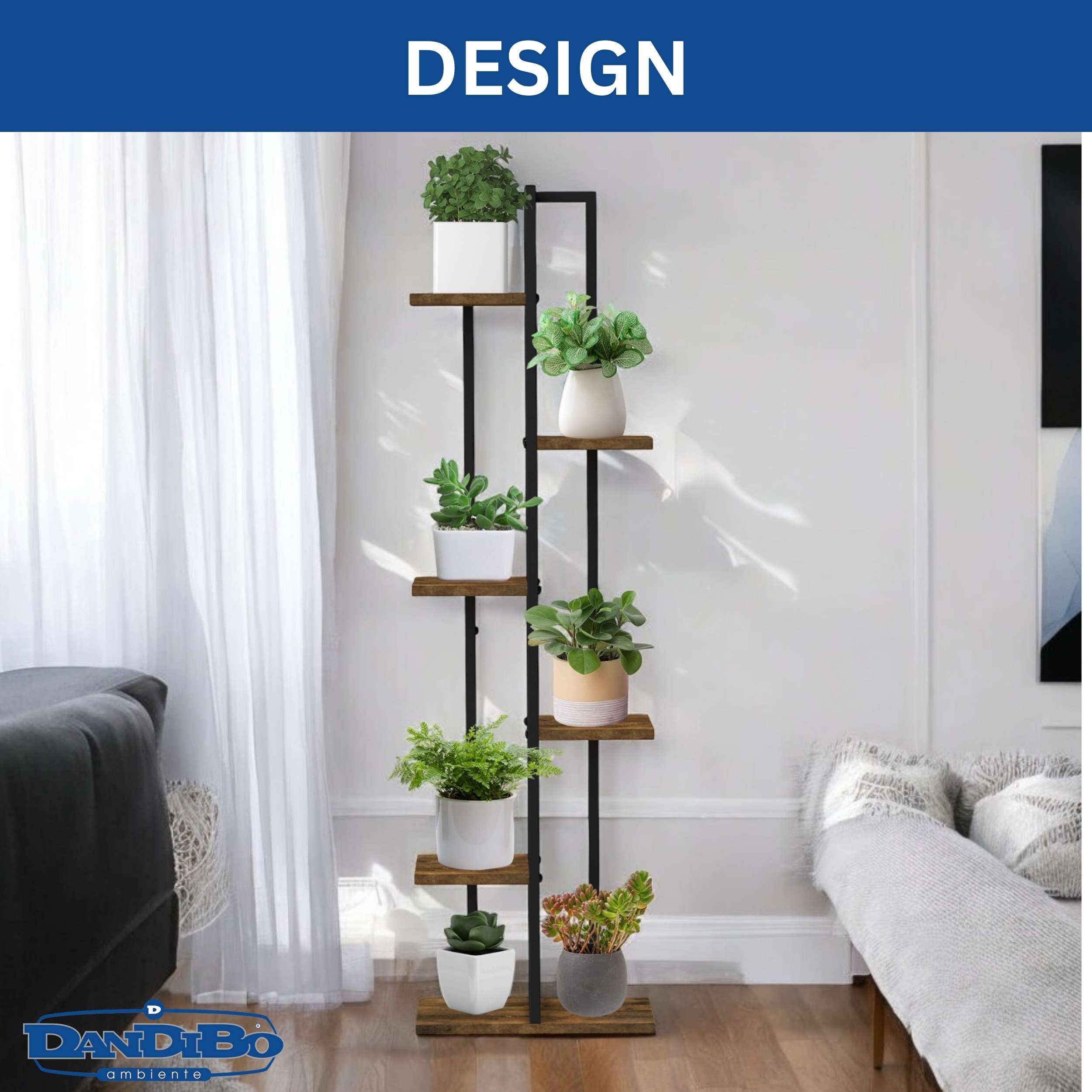 BLUMENREGAL 6 Etagen Schwarz Metall mit Holzablagen 120 cm 96582-DanDiBo