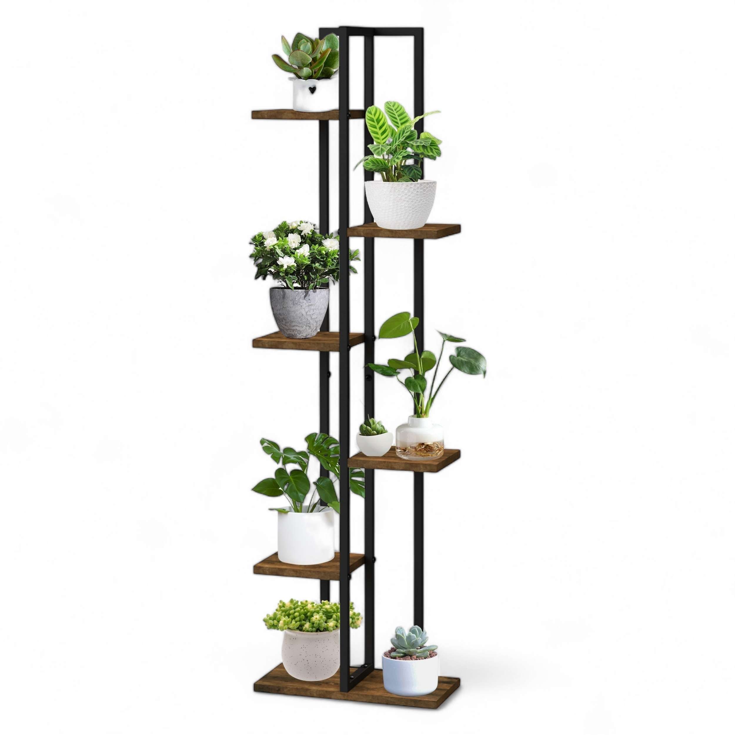 BLUMENREGAL 6 Etagen Schwarz Metall mit Holzablagen 120 cm 96582-DanDiBo