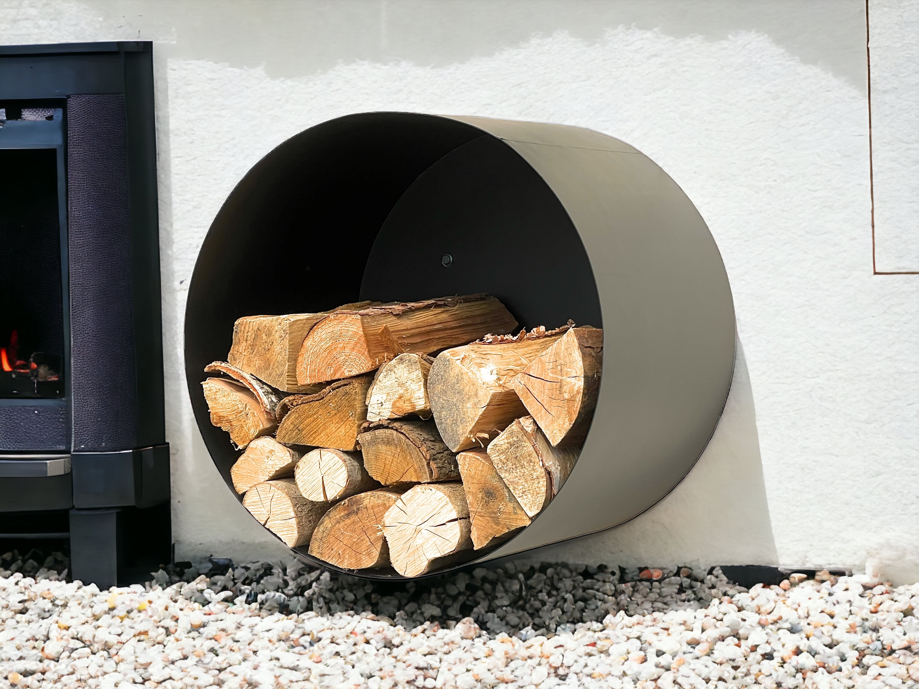 KAMINHOLZREGAL mit Rückwand Metall Schwarz Rund 50 cm-DanDiBo