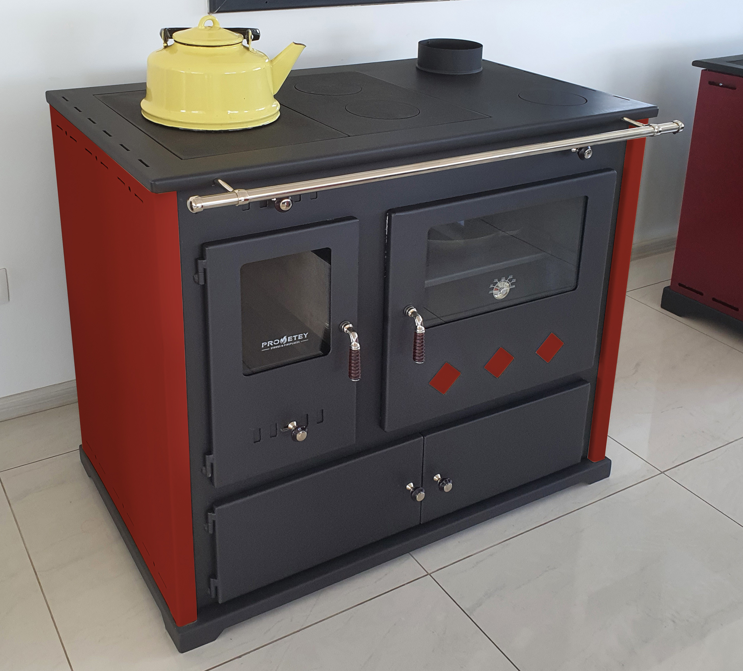 Kaminofen mit Backfach und Herdplatte Pracktik Lux Rot Holzofen 9,5 kW Kamin  Ofen Dauerbrandofen Werkstattofen Schwedenofen Hüttenofen Heizofen-DanDiBo