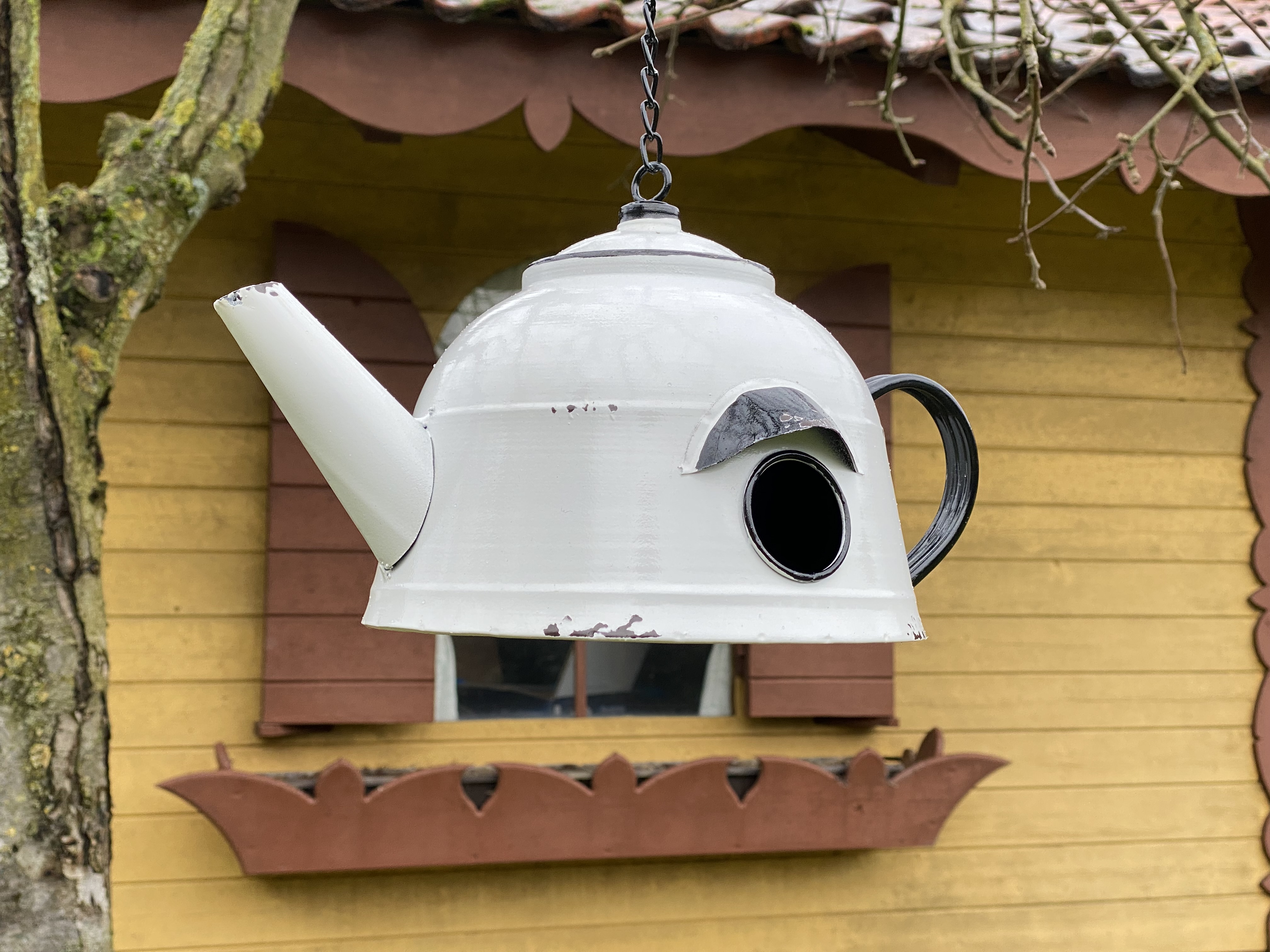 DanDiBo Vogelhaus zum Aufhängen Metall Deko Teekessel wetterfest