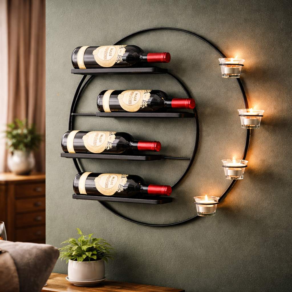 WEINREGAL für 4 Flaschen und Teelichter Metall 55 cm Wand Schwarz-DanDiBo