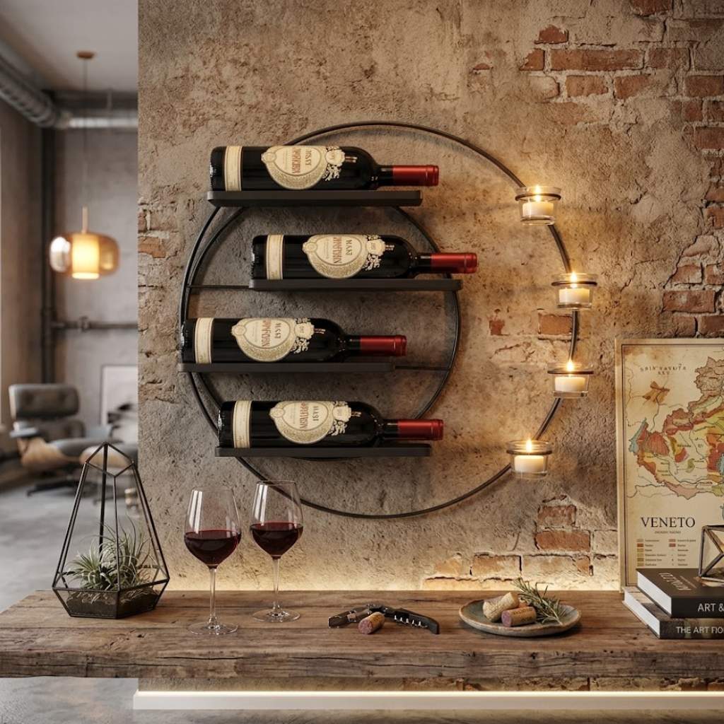WEINREGAL für 4 Flaschen und Teelichter Metall 55 cm Wand Schwarz-DanDiBo