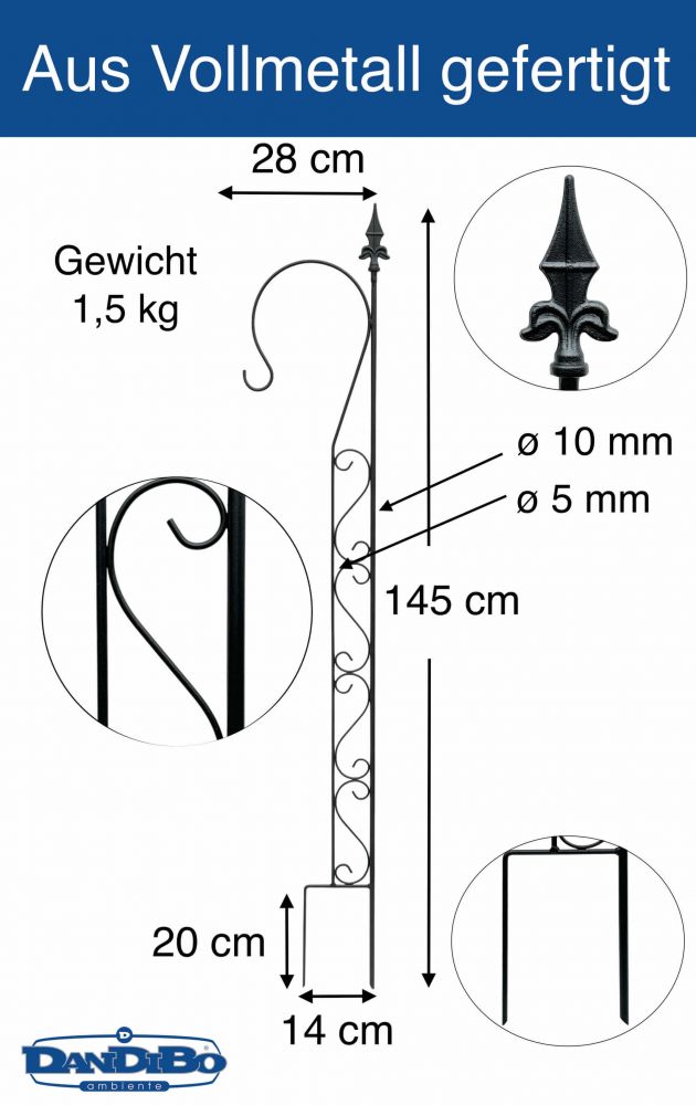 DanDiBo Rankhilfe Garten Metall mit 1 Halter Schwarz Rankgitter für Kletterpflanzen 145 cm Kletterhilfe mit Haken