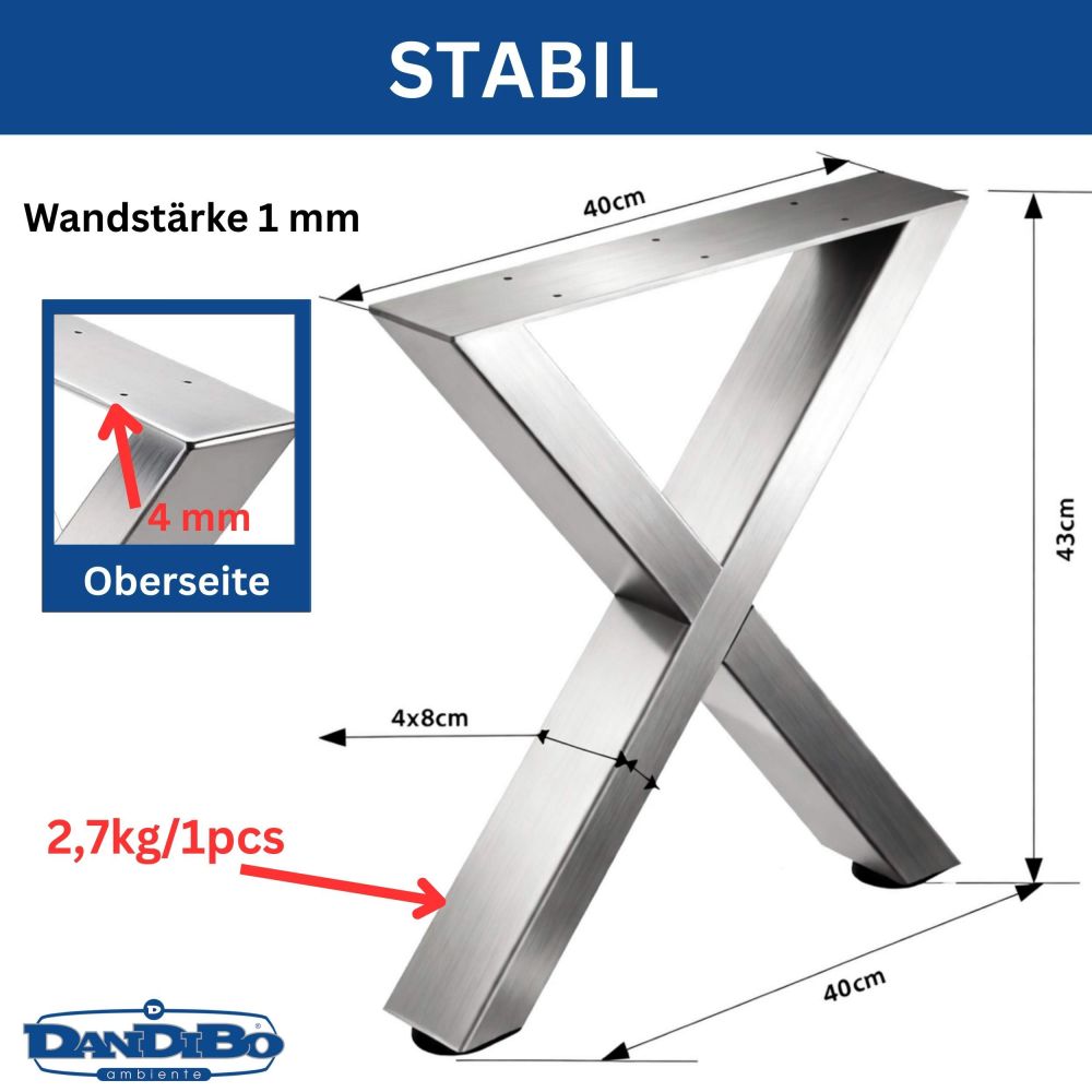 DanDiBo 2x Bankgestell Edelstahl 43 x 40 cm Bank Füße Bankbeine 96677 Bankkufen Couchtisch Tisch Beine Tischgestell