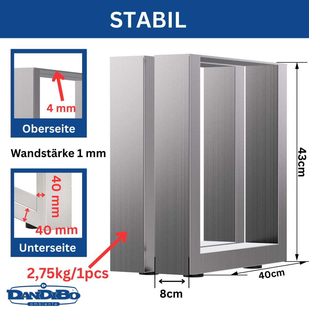DanDiBo 2x Bankgestell Edelstahl 43 x 40 cm Bank Füße Bankbeine 96674 Bankkufen Couchtisch Tisch Beine Tischgestell