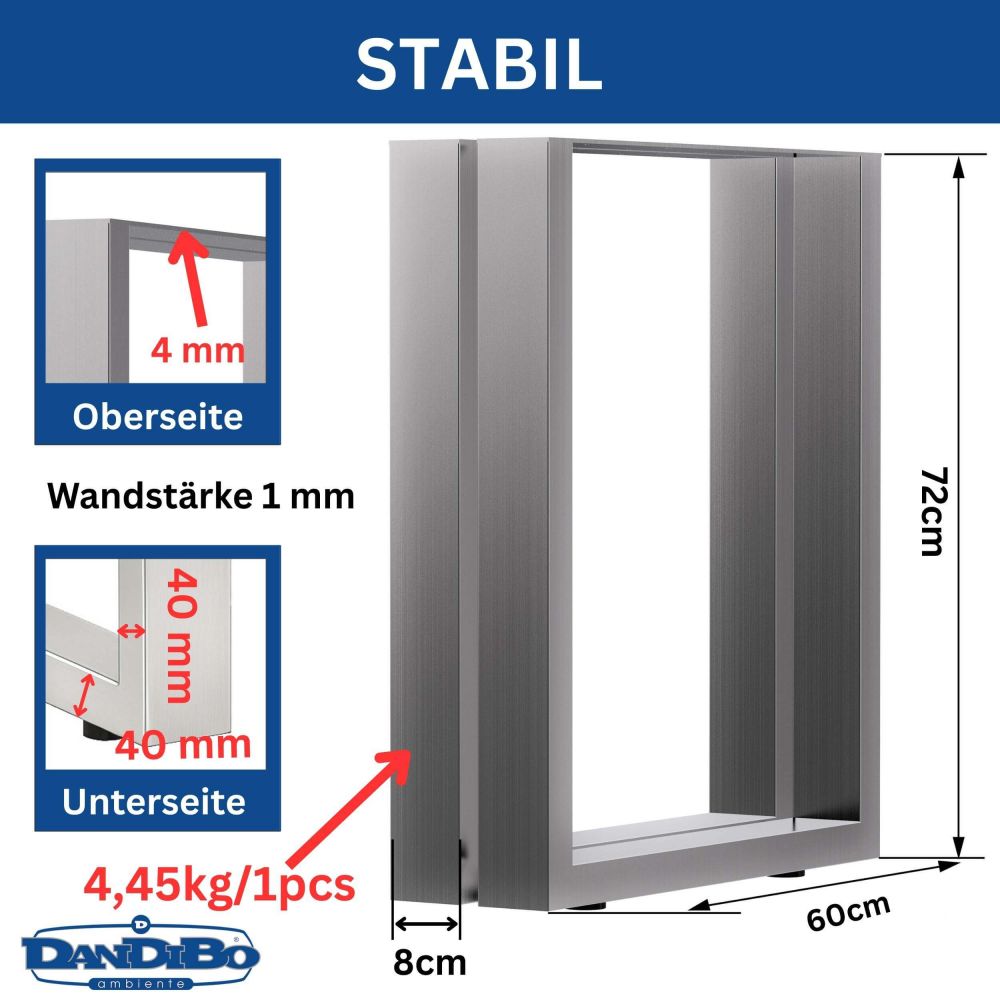 DanDiBo 2x Stainless Steel Table Legs 72 x 60 cm Table Frame Height-Adjustable 96673 Table Legs Furniture Legs Table Runners Dining Table Legs
