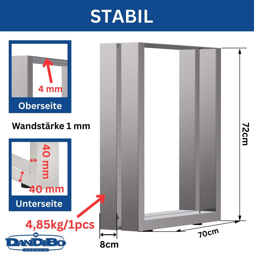 DanDiBo 2x Stainless Steel Table Legs 72 x 70 cm Table Frame Height-Adjustable 96672 Table Legs Furniture Legs Table Runners Dining Table Legs