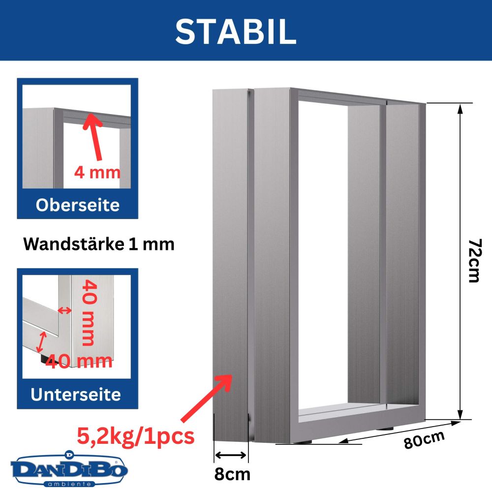 DanDiBo 2x Stainless Steel Table Legs 72 x 80 cm Table Frame Height-Adjustable 96671 Table Legs Furniture Legs Table Runners Dining Table Legs