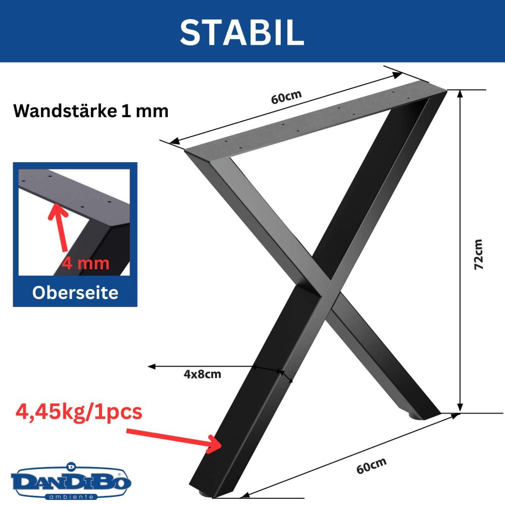 DanDiBo 2x Tischbeine Metall Schwarz 60 x 72 cm Tischgestell Höhenverstellbar 96665 Tischfüße Möbelfüße Tischkufen Esstisch Beine