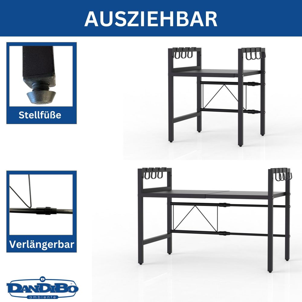 DanDiBo Verstellbares Küchenregal für Arbeitsplatte Schwarz Stehend 2 Stufig 40-64 cm Regal Küche 96613 Standregal