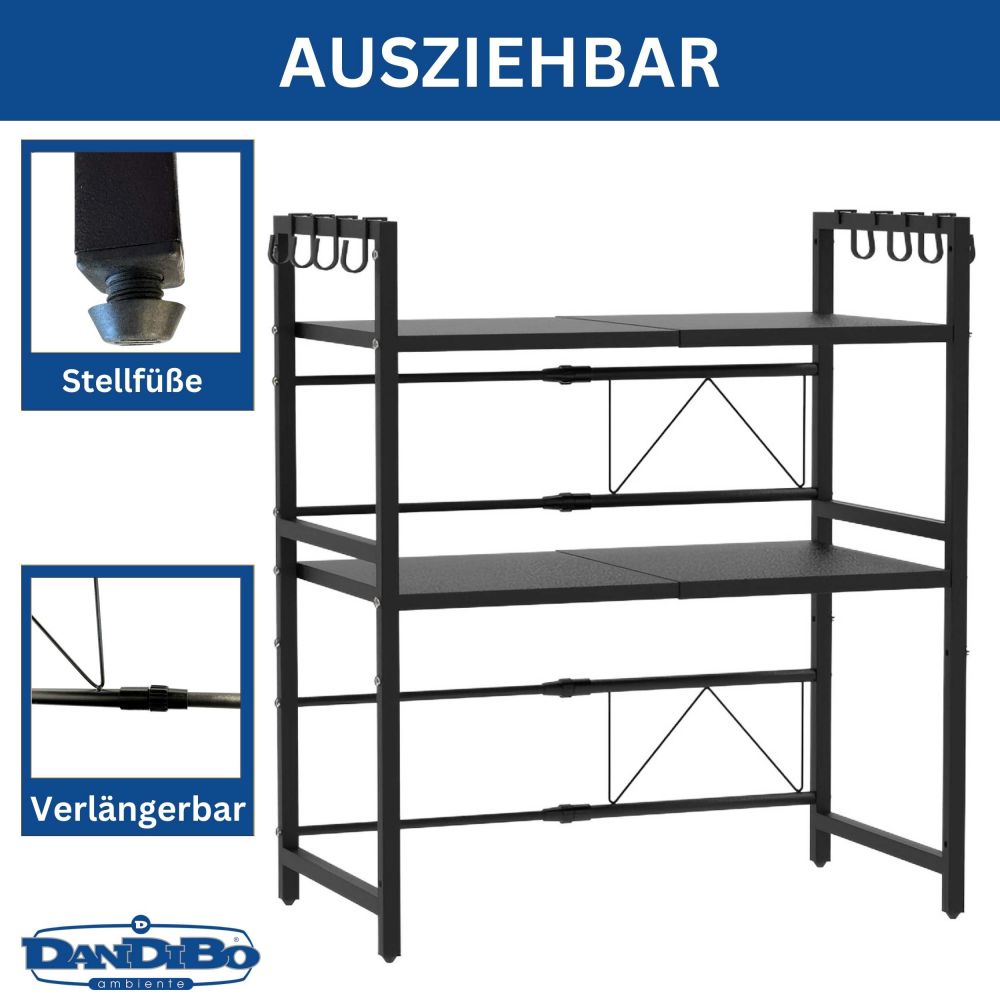 DanDiBo Adjustable Kitchen Shelf for Countertop Black Standing 3-Tier 40-64 cm Kitchen Shelf 96614 Standing Shelf