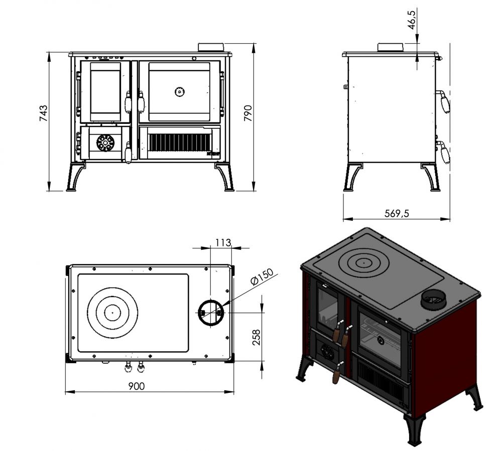 Kaminofen mit Backfach und Herdplatte 4013 Schwarz Holzofen 8 kW Holz Ofen Mehrfachbelegung Kamin Heizofen Küchenherd
