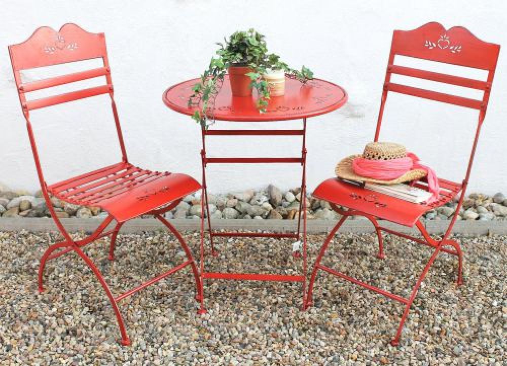 Sitzgruppe "Passion" Tisch mit 2 Stühle Set aus Metall Rot Gartenstuhl Gartentisch