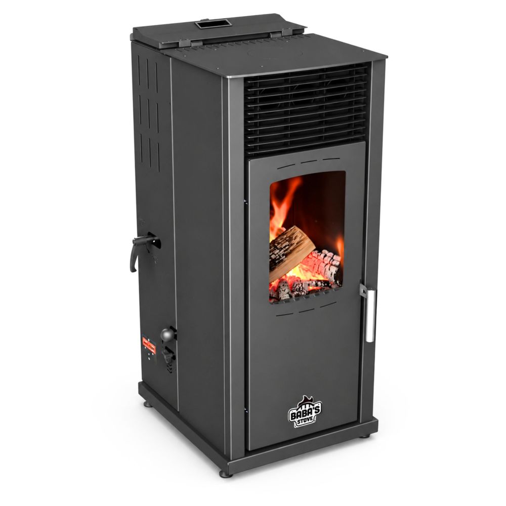 Babas Eco Hybridofen Pellets und Holz Kombiofen Kaminofen 8 kW Pelletofen ohne Strom Schwarz Holzofen Holz Ofen Kamin