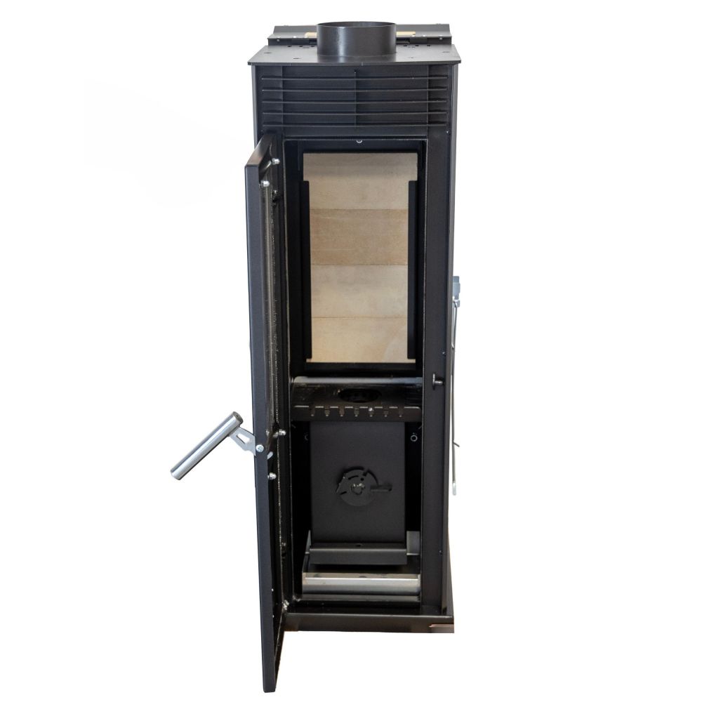 Babas Eco Mini Hybridofen Pellets und Holz Kombiofen Kaminofen 8 kW Pelletofen ohne Strom Schwarz Holzofen Holz Ofen Kamin