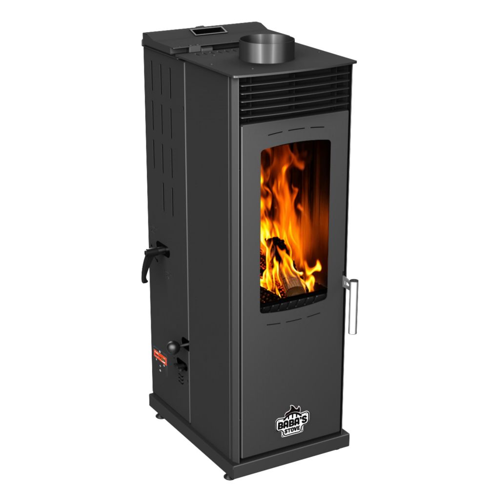 Babas Eco Mini Hybridofen Pellets und Holz Kombiofen Kaminofen 8 kW Pelletofen ohne Strom Schwarz Holzofen Holz Ofen Kamin