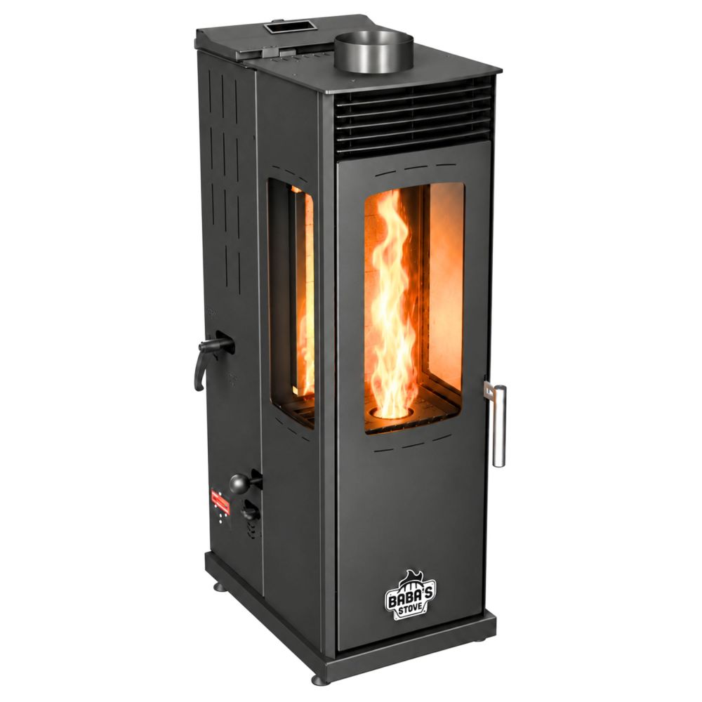 Baba’s Eco Mini Plus Panoramic Hybrid Stove Pellet and Wood Combination Stove Fireplace Stove 8 kW Pellet Stove Without Electricity Black Wood-Burning Stove Wood Stove Fireplace