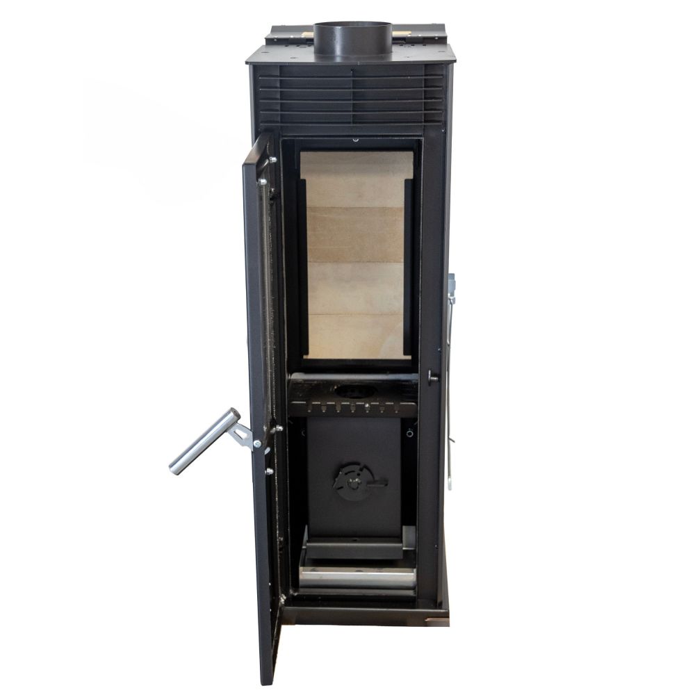 Baba’s Eco Mini Plus Panoramic Hybrid Stove Pellet and Wood Combination Stove Fireplace Stove 8 kW Pellet Stove Without Electricity Black Wood-Burning Stove Wood Stove Fireplace