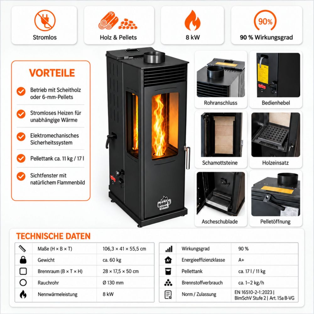 Baba’s Eco Mini Plus Panoramic Hybrid Stove Pellet and Wood Combination Stove Fireplace Stove 8 kW Pellet Stove Without Electricity Black Wood-Burning Stove Wood Stove Fireplace