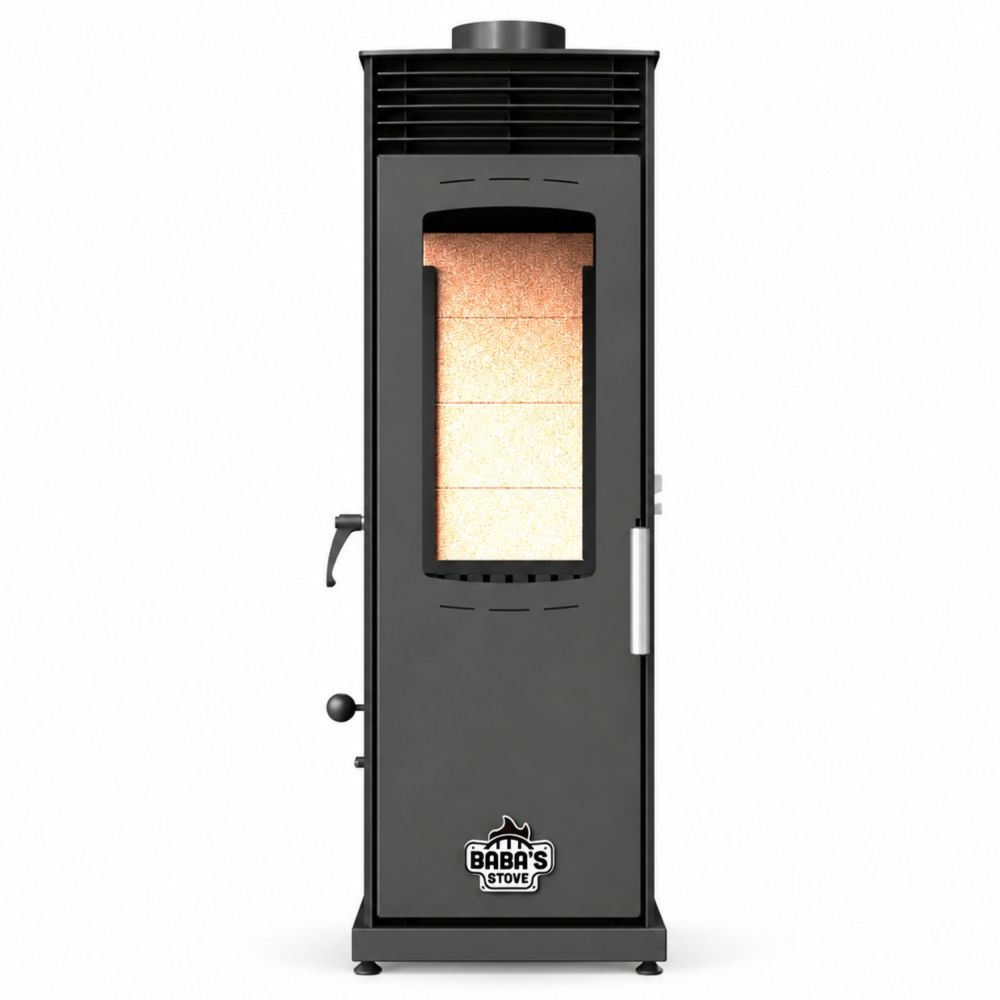 Baba’s Eco Mini Plus Panoramic Hybrid Stove Pellet and Wood Combination Stove Fireplace Stove 8 kW Pellet Stove Without Electricity Black Wood-Burning Stove Wood Stove Fireplace