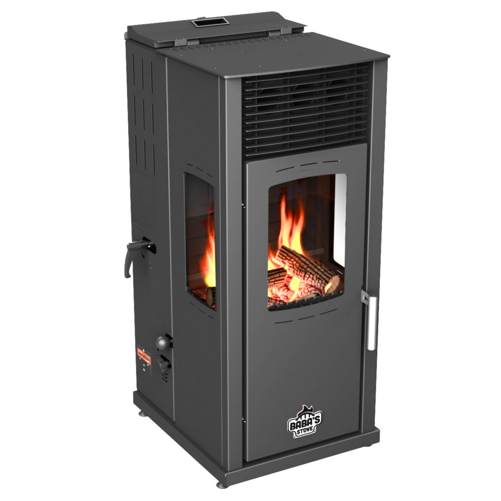Babas Eco Plus Panorama Hybridofen Pellets und Holz Kombiofen Kaminofen 8 kW Pelletofen ohne Strom Schwarz Holzofen Holz Ofen Kamin