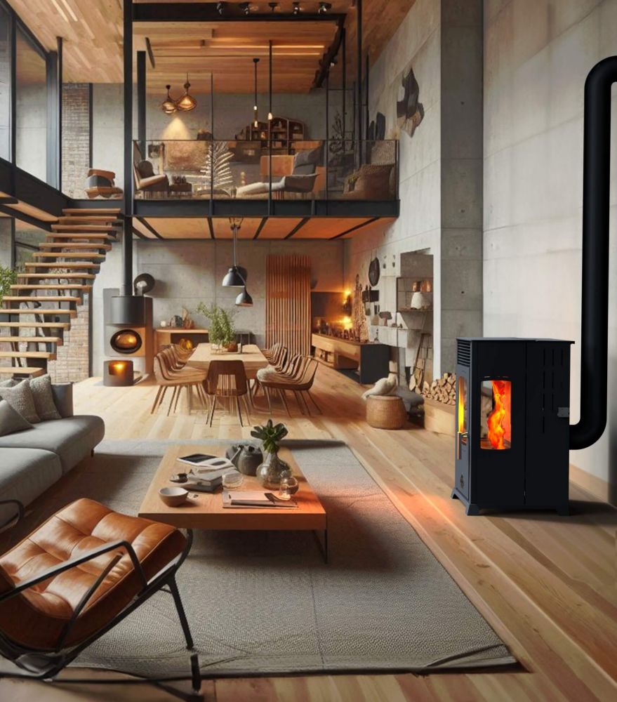Babas Eco Plus Panorama Hybridofen Pellets und Holz Kombiofen Kaminofen 8 kW Pelletofen ohne Strom Schwarz Holzofen Holz Ofen Kamin