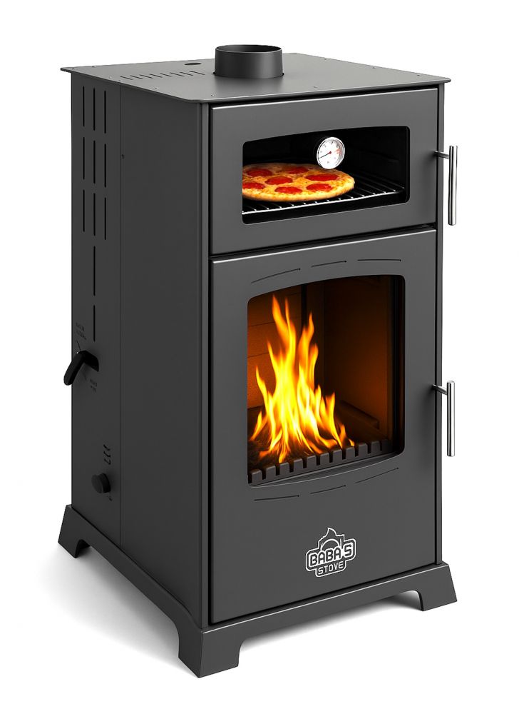 Babas Gold Hybridofen Pellets und Holz Kombiofen Kaminofen mit Backfach 12 kW Schwarz Holzofen Holz Ofen Kamin