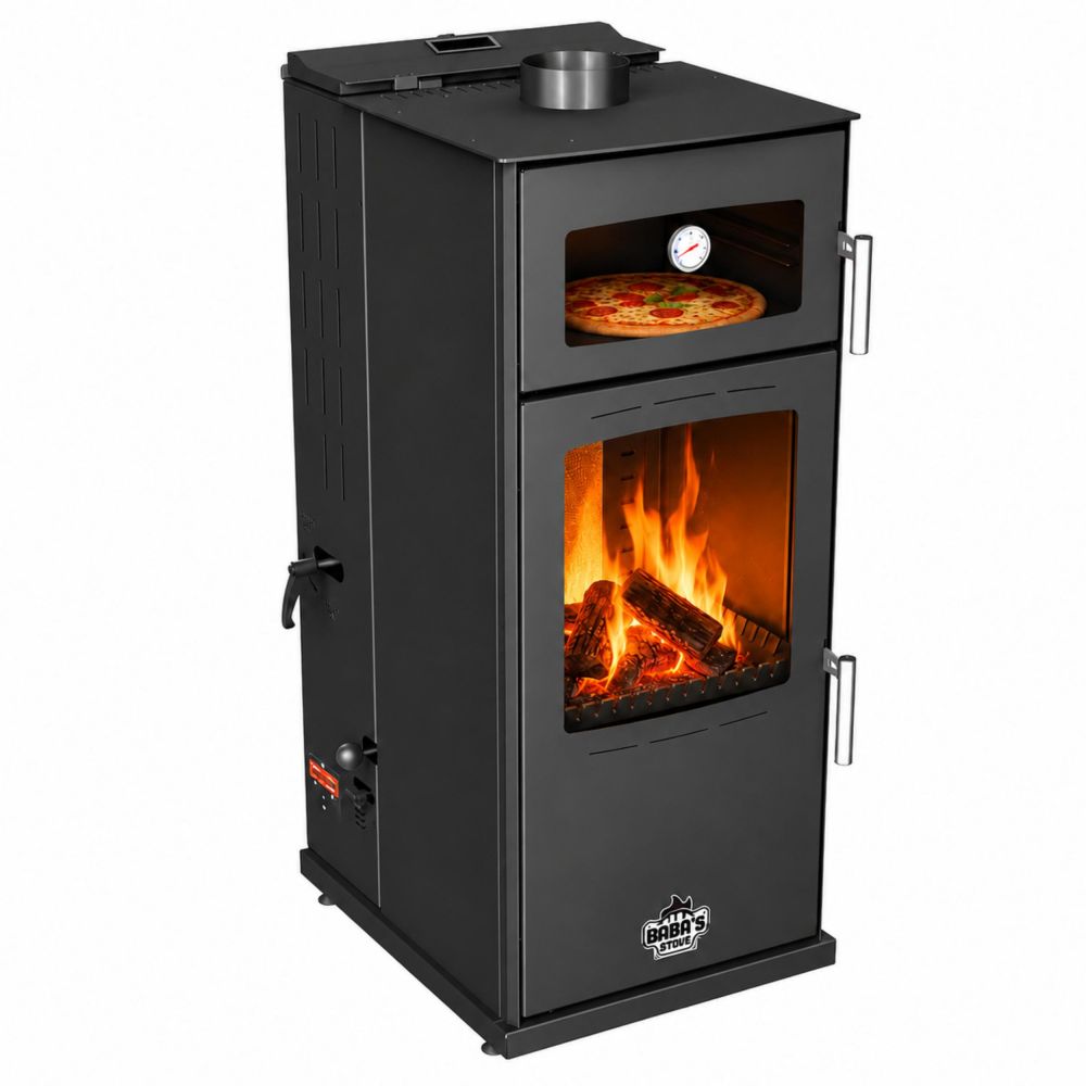 Babas Gold Hybridofen Pellets und Holz Kombiofen Kaminofen mit Backfach 12 kW Schwarz Holzofen Holz Ofen Kamin