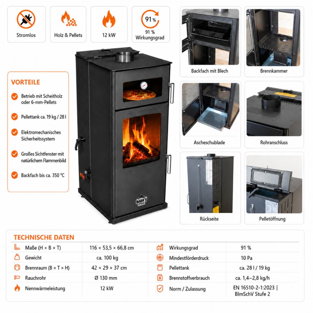 Babas Gold Hybridofen Pellets und Holz Kombiofen Kaminofen mit Backfach 12 kW Schwarz Holzofen Holz Ofen Kamin
