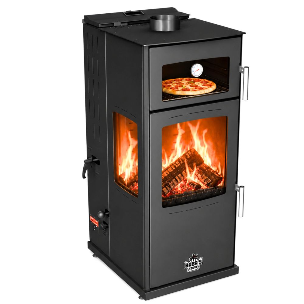Babas Gold Plus Hybridofen Pellets und Holz Kombiofen Kaminofen mit Backfach Panorama 12 kW Schwarz Holzofen Holz Ofen Kamin