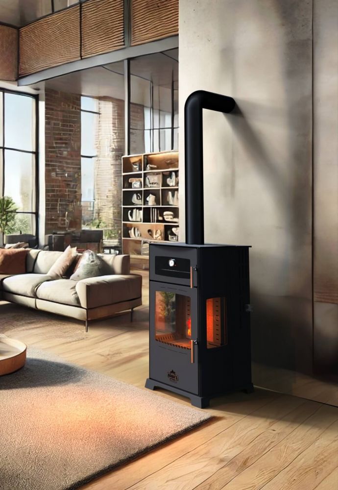 Babas Gold Plus Hybridofen Pellets und Holz Kombiofen Kaminofen mit Backfach Panorama 12 kW Schwarz Holzofen Holz Ofen Kamin