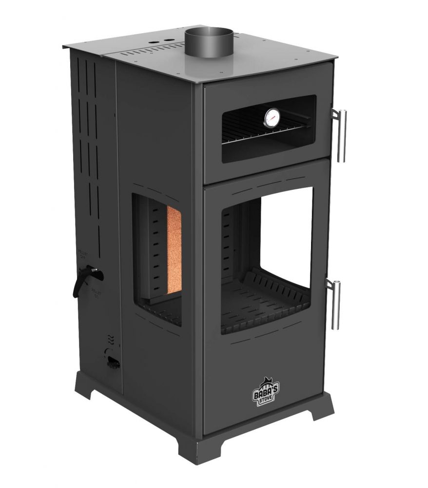 Babas Gold Plus Hybridofen Pellets und Holz Kombiofen Kaminofen mit Backfach Panorama 12 kW Schwarz Holzofen Holz Ofen Kamin