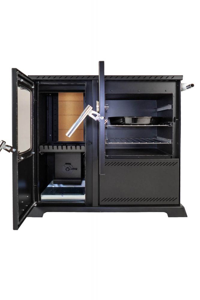 Babas Saphire Hybridofen Pellets und Holz Kombiofen Kaminofen mit Backfach und Herdplatte 10 kW Pelletofen ohne Strom Holzofen Holz Ofen Kamin