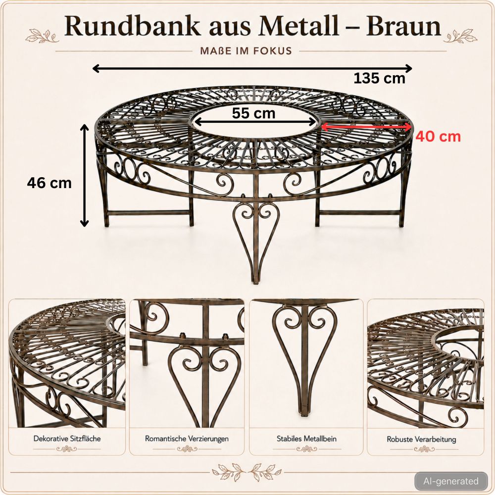 DanDiBo Baumbank Rund Metall Braun Wetterfest Ø 135 cm Baumbank 96188 Gartenbank Parkbank Sitzbank