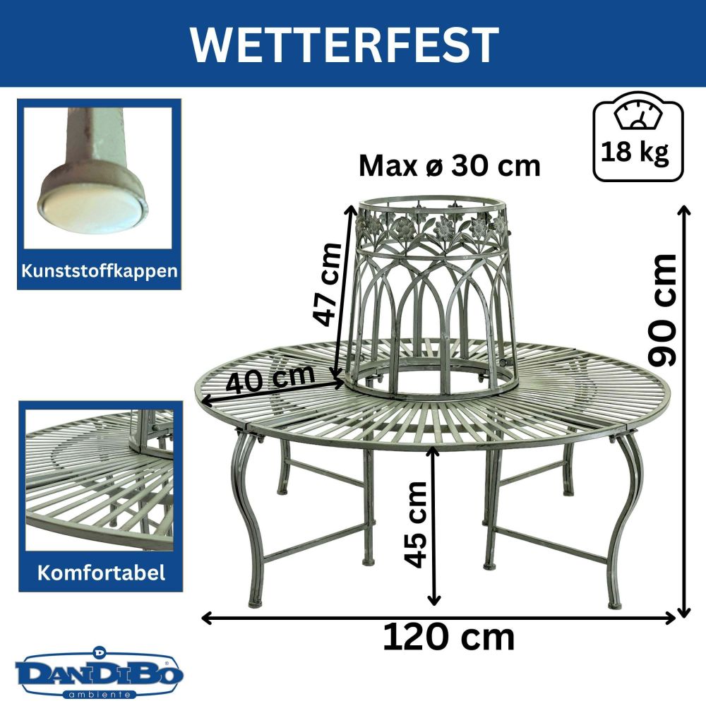 DanDiBo Baumbank Rund Metall Wetterfest Grau 96590 Rundbank ø 120 cm Gartenbank Sitzbank Bank Garten Antik