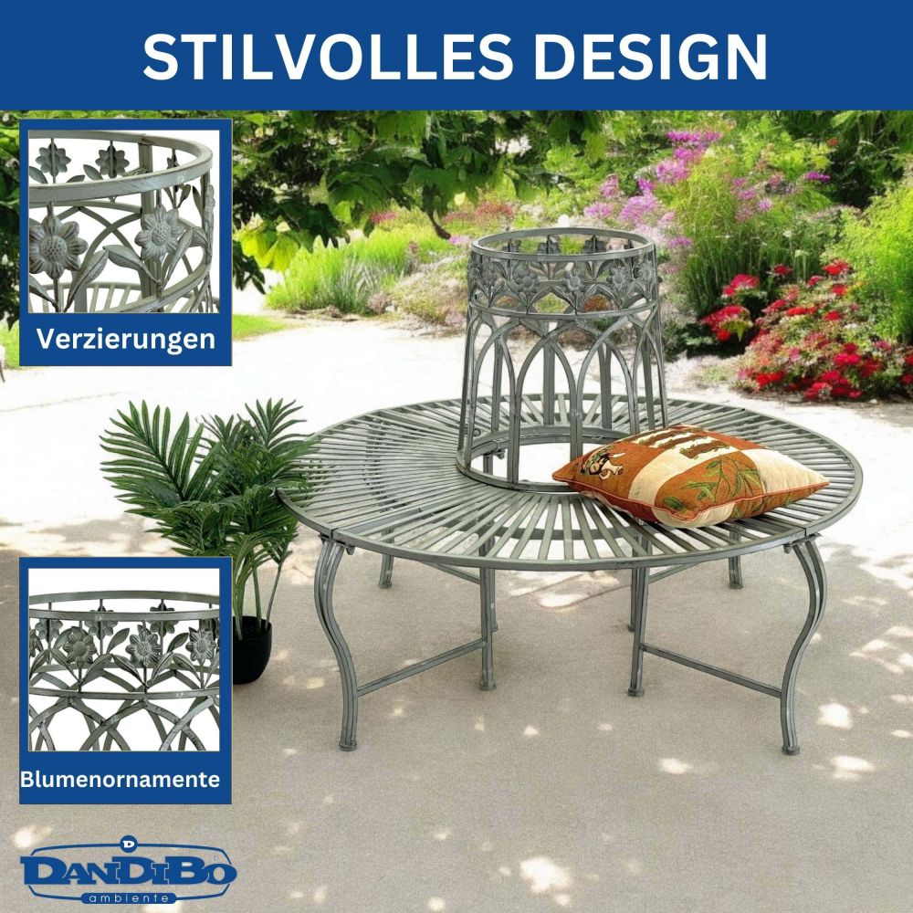 DanDiBo Baumbank Rund Metall Wetterfest Grau 96590 Rundbank ø 120 cm Gartenbank Sitzbank Bank Garten Antik