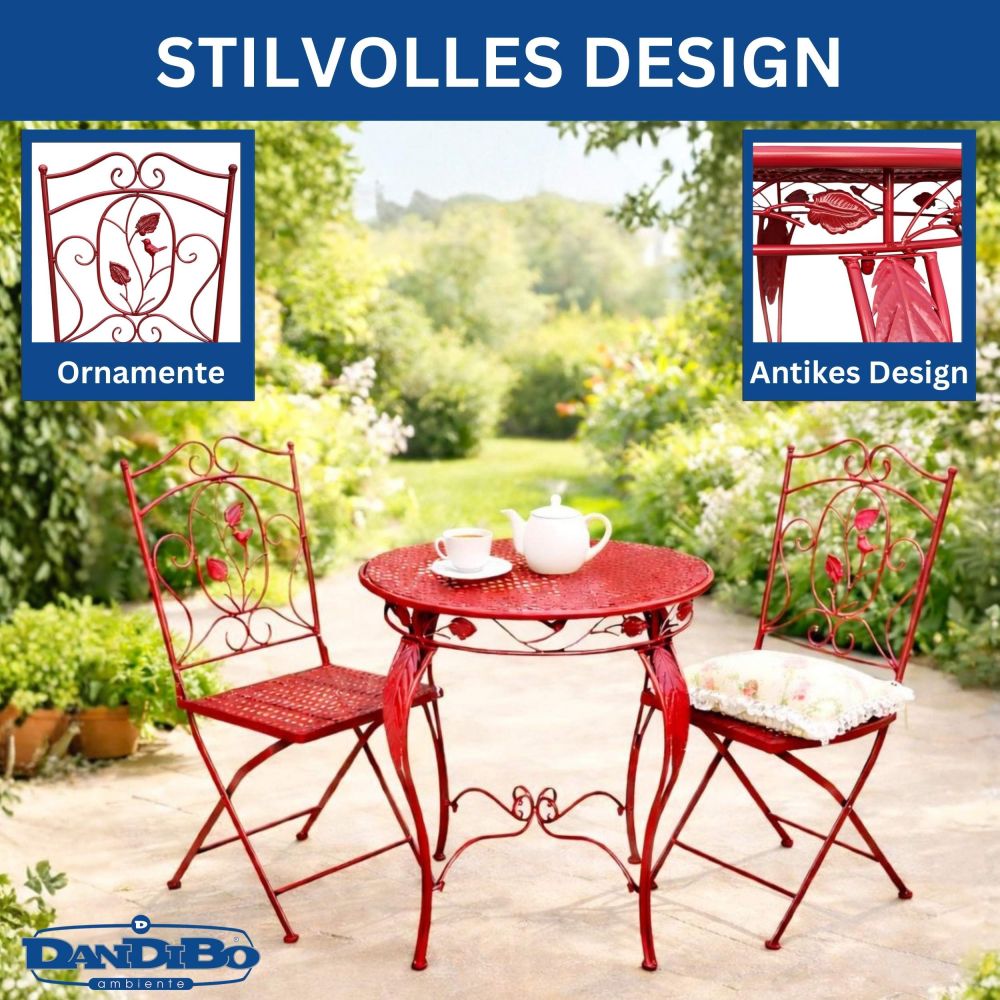 DanDiBo Bistro Table with 2 Chairs Garden Furniture Metal Iron Antique Red Weatherproof Rosso 96720 Bistro Set 2 Chairs 1 Table Outdoor Garden Furniture Set 3-Piece Vintage