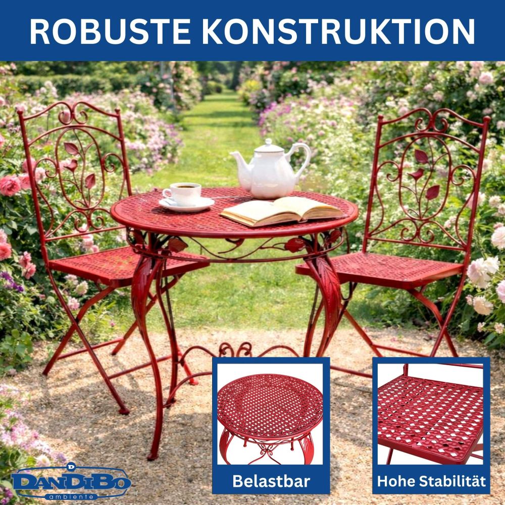 DanDiBo Bistro Table with 2 Chairs Garden Furniture Metal Iron Antique Red Weatherproof Rosso 96720 Bistro Set 2 Chairs 1 Table Outdoor Garden Furniture Set 3-Piece Vintage