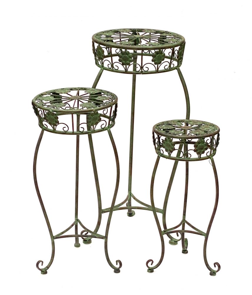 Blumenhocker Metall Grün Rund Blumenständer 96008 3er Set Blumensäule Antik Pflanzenständer Pflanzenhocker Vintage