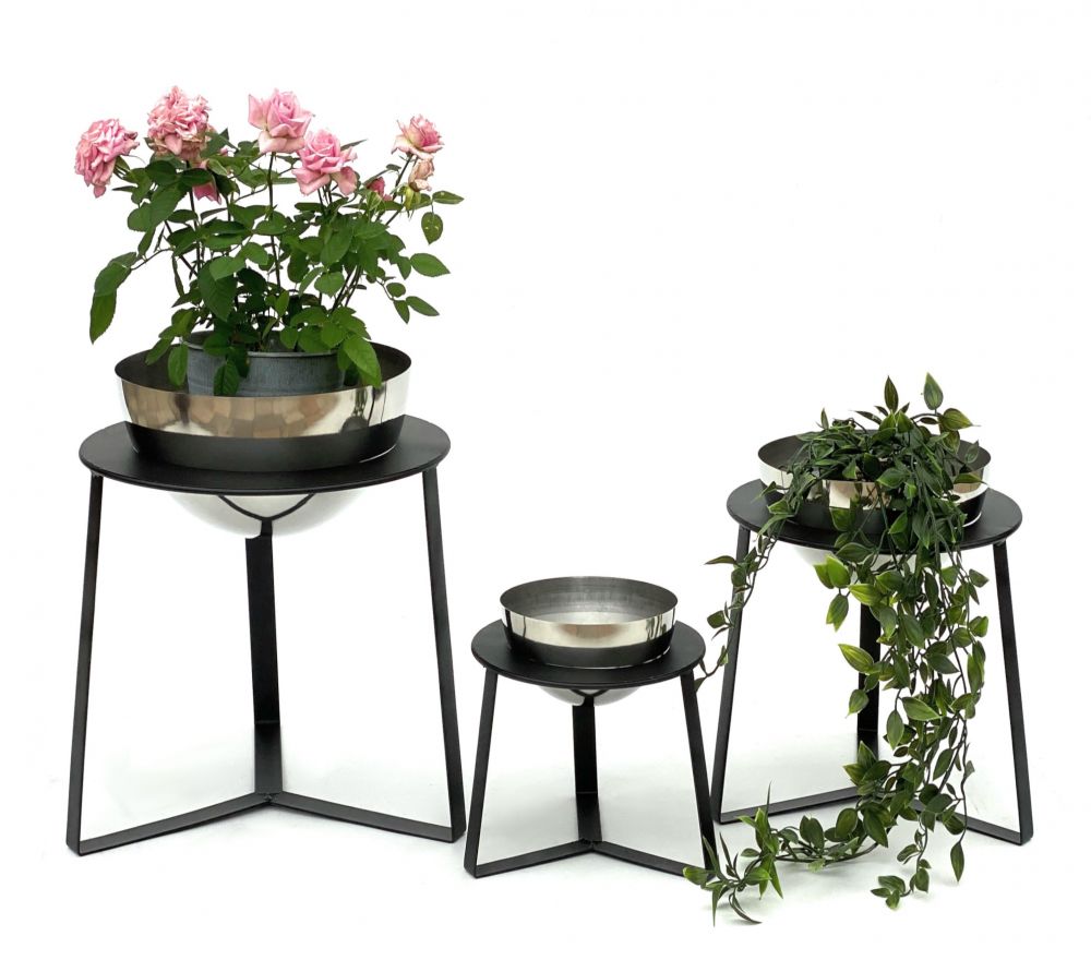 DanDiBo Flower Stool Metal with Pot Black Silver Flower Stand 96091 Set of 3 Flower Column Modern Plant Stand Plant Stool