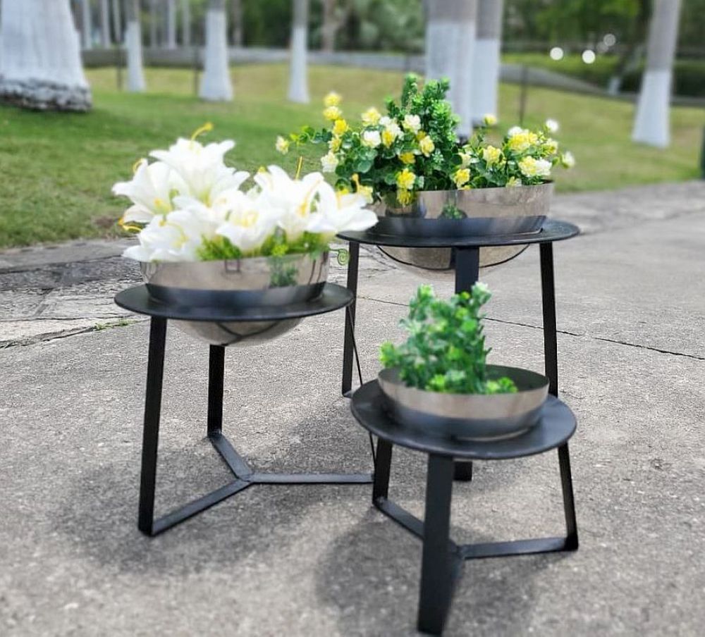 DanDiBo Flower Stool Metal with Pot Black Silver Flower Stand 96091 Set of 3 Flower Column Modern Plant Stand Plant Stool