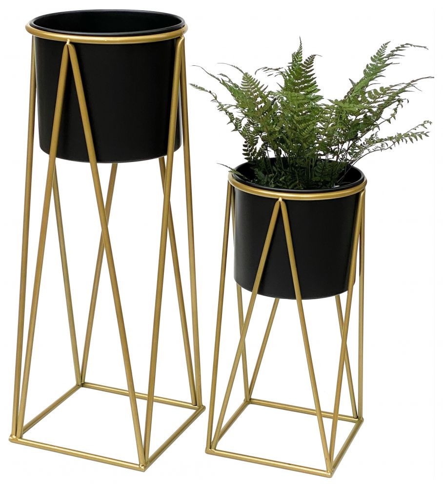 DanDiBo Flower Stool with Pot Metal Gold Black Set of 2 Flower Stands 96046 Flower Column Modern Plant Stand Plant Stool