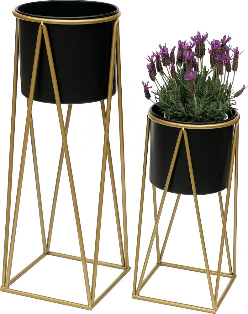 DanDiBo Flower Stool with Pot Metal Gold Black Set of 2 Flower Stands 96046 Flower Column Modern Plant Stand Plant Stool