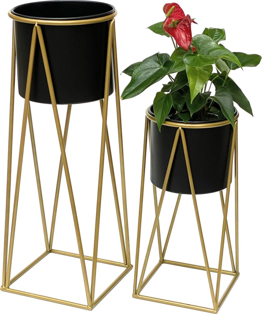 DanDiBo Flower Stool with Pot Metal Gold Black Set of 2 Flower Stands 96046 Flower Column Modern Plant Stand Plant Stool