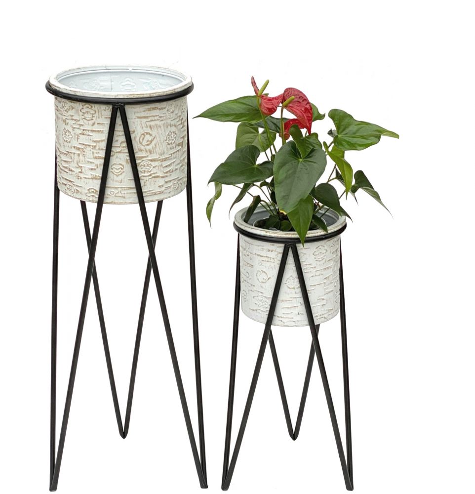 DanDiBo Blumenhocker mit Topf Metall Schwarz Weiß 2er Set Blumenständer 96043 Blumensäule Modern Pflanzenständer Pflanzenhocker
