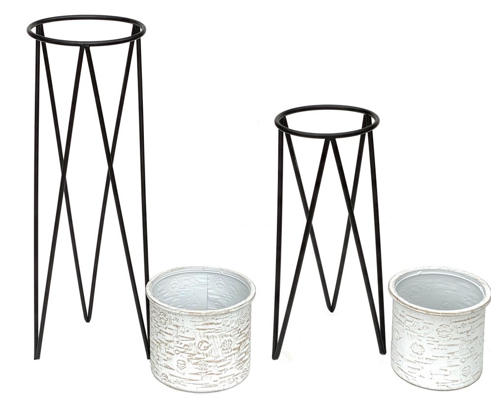 DanDiBo Blumenhocker mit Topf Metall Schwarz Weiß 2er Set Blumenständer 96043 Blumensäule Modern Pflanzenständer Pflanzenhocker