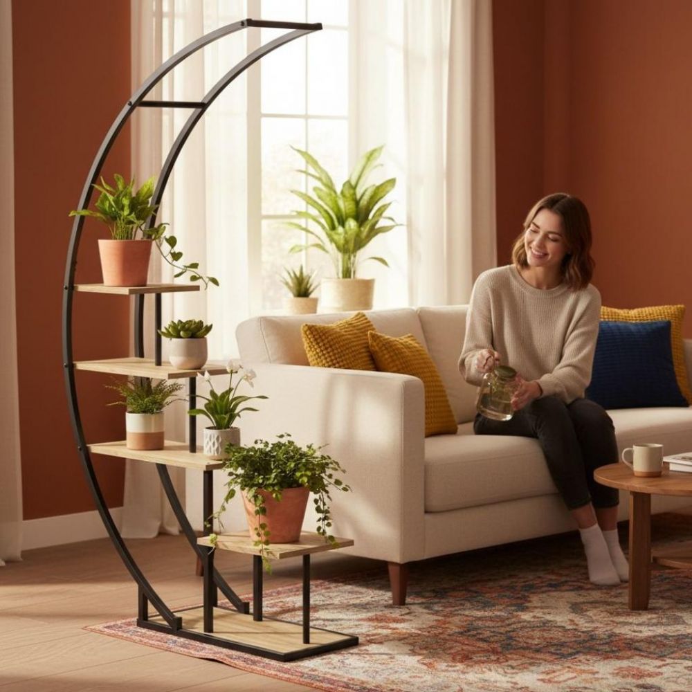 DanDiBo Pflanzenregal Indoor Blumenregal 170 cm Hoch Metall Schwarz Halbrund 96699 Blumentreppe Groß Rund Pflanzenständer plant stand